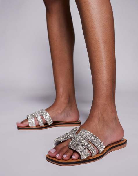 River Island diamante cut out flat sandals in silver - view 1