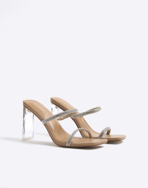 River Island Diamante double strap heeled mules in beige - light - view 1