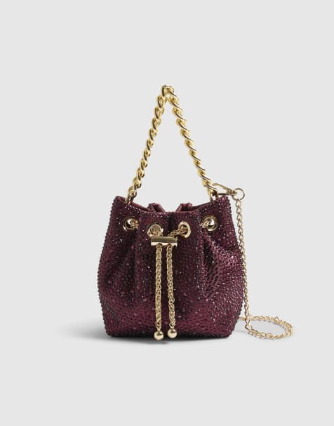 River Island Diamante drawstring bucket clutch bag in red - dark - view 1