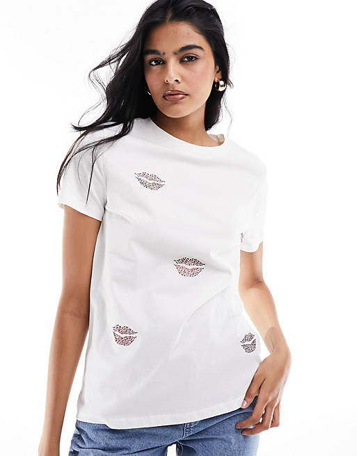 River Island Diamante lips t-shirt in white | ASOS