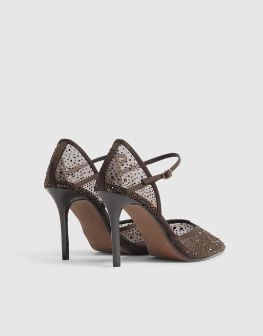 River Island Diamante mesh court heels in brown , 4 of 4