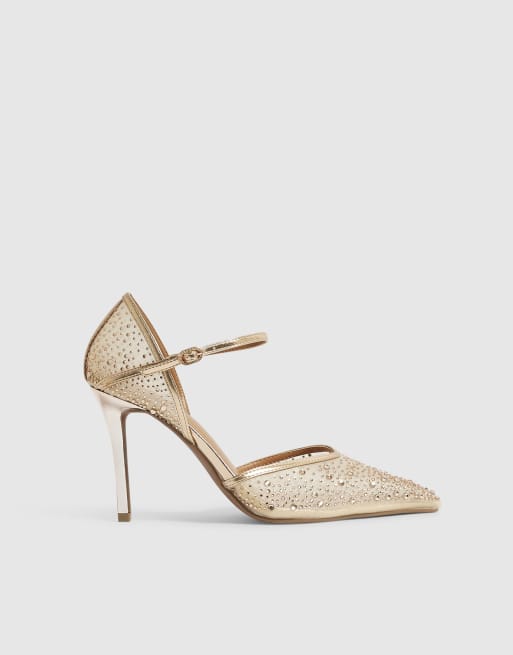 River Island Diamante mesh court heels in gold, 3 of 4