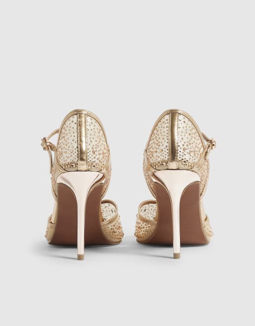 River Island Diamante mesh court heels in gold, 4 of 4