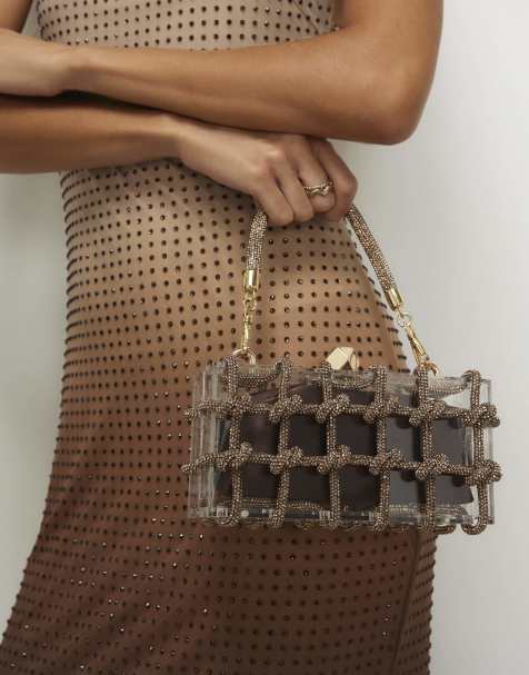 River Island Diamante rope clear clutch bag in brown - view 1