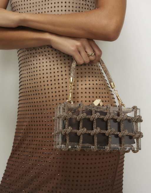 River Island Diamante rope clear clutch bag in brown, 2 of 2