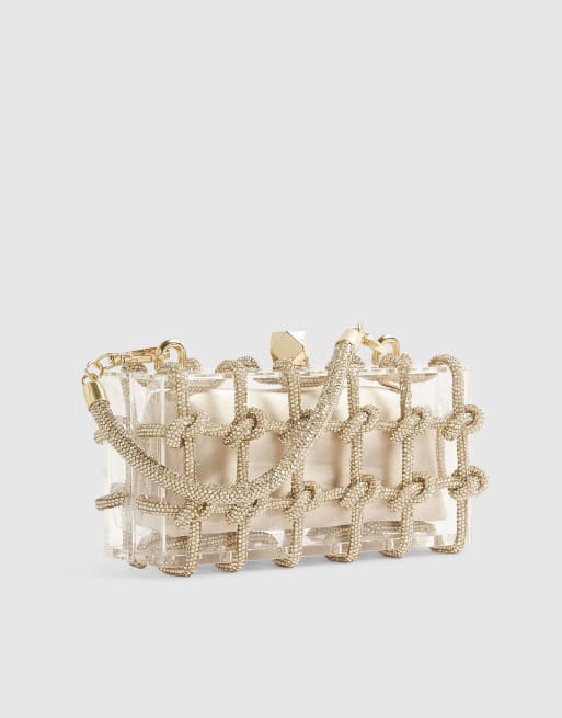 River Island Diamante rope clear clutch bag in gold, 2 of 4
