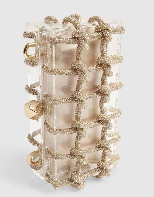 River Island Diamante rope clear clutch bag in gold, 3 of 4