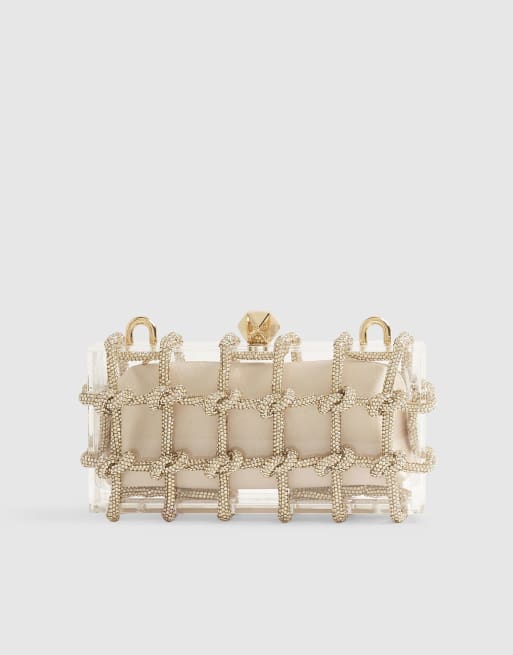 River Island Diamante rope clear clutch bag in gold, 4 of 4