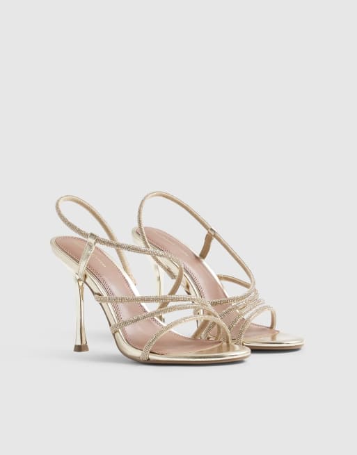 River Island Diamante strappy heeled sandals in gold, 2 of 4