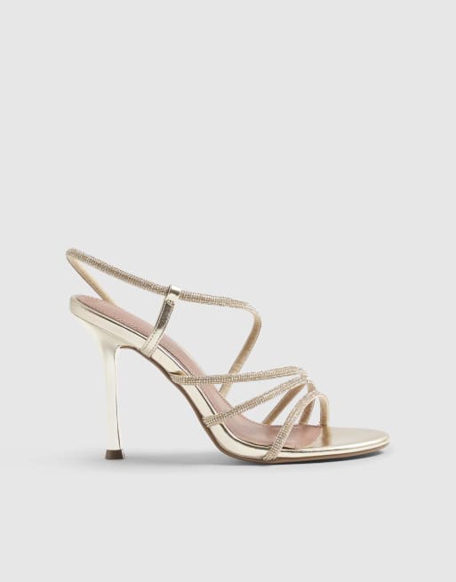 River Island Diamante strappy heeled sandals in gold, 3 of 4