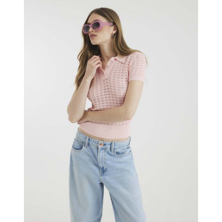 River Island Diamante trim crochet polo shirt in pink - light | ASOS