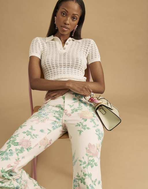 River Island Diamante trim crochet polo top in white
