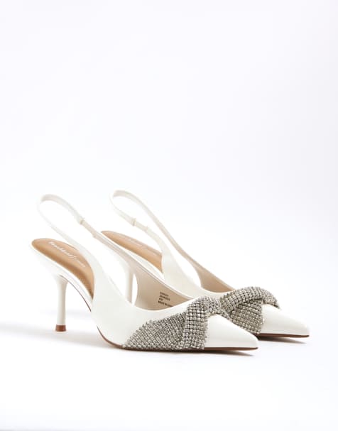 River Island Diamante trim sling back heels in white - view 1