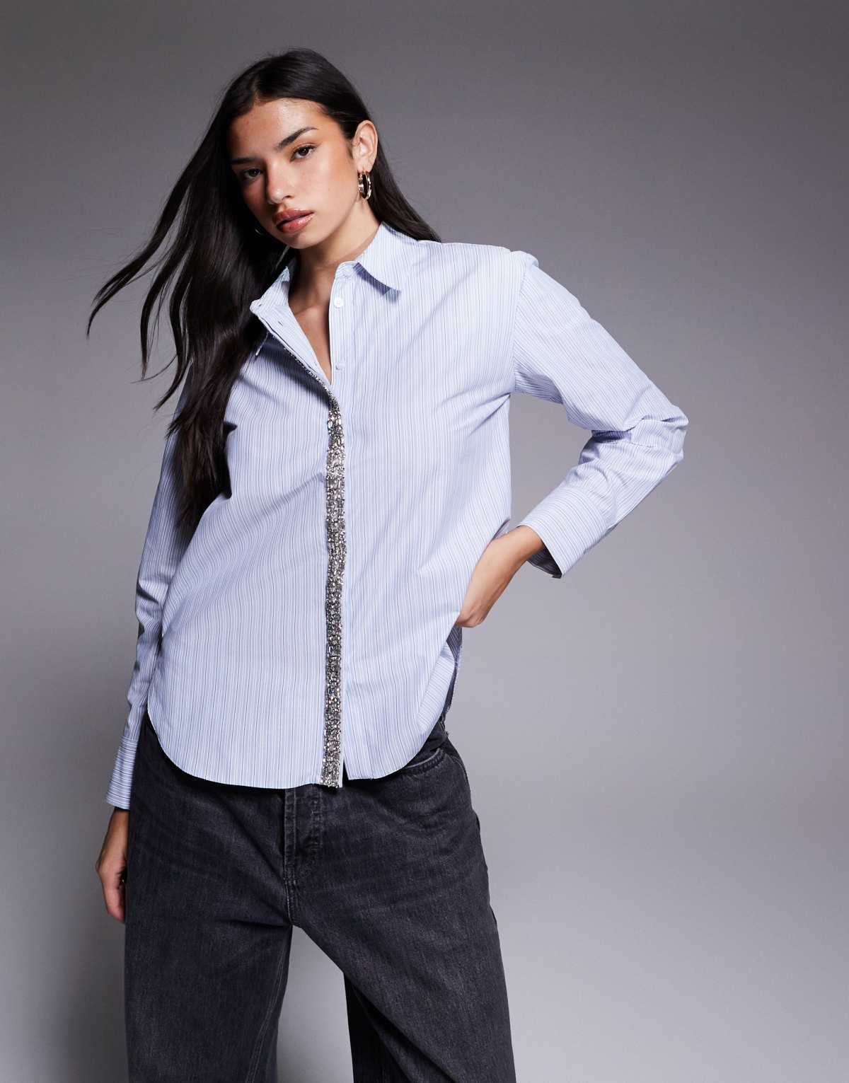 River Island diamante trim striped shirt in blue