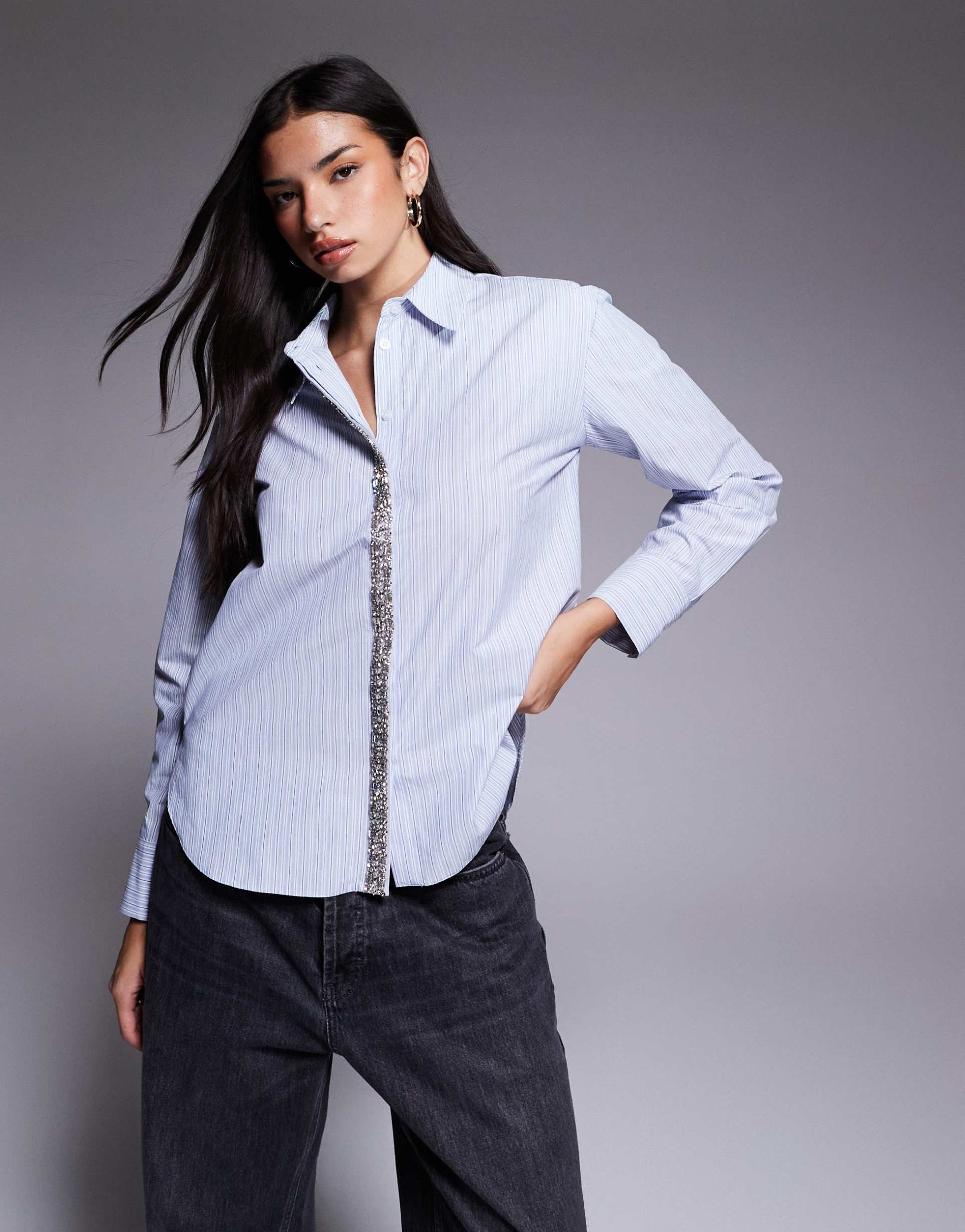 river island diamante trim striped shirt in blue