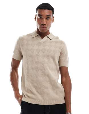 River Island diamond knit polo in stone-Neutral φωτογραφία