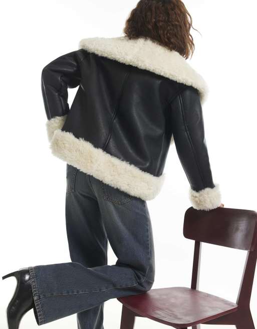 River Island Dip hem faux shearling jacket in black, 4 of 4