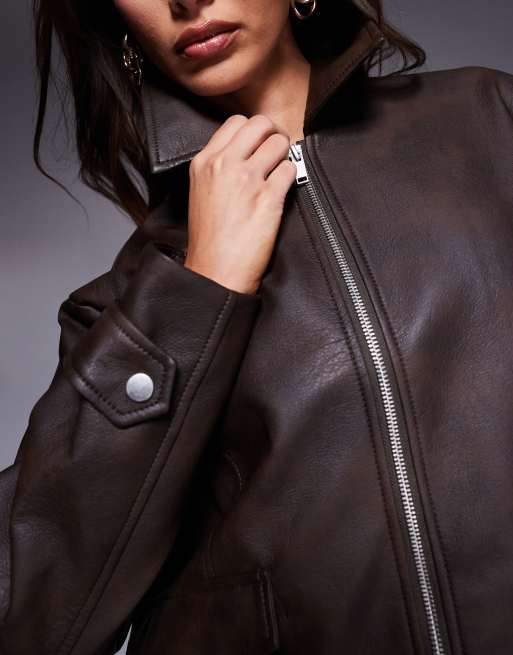 River Island distressed bomber jacket in dark brown