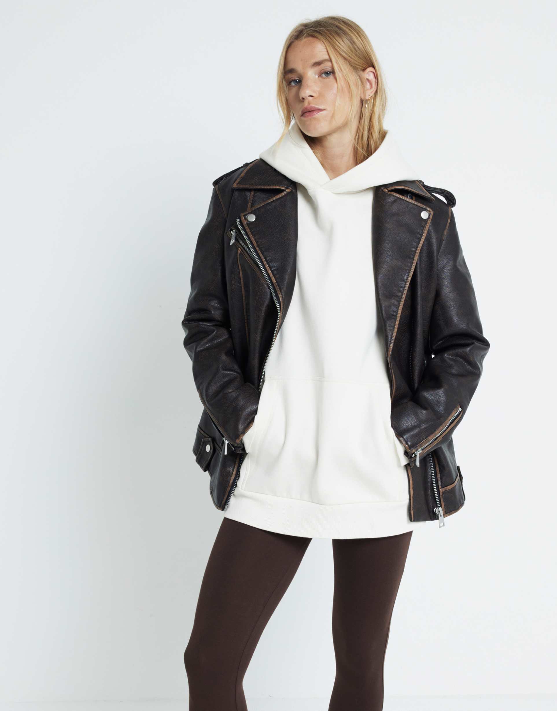 river island distressed oversized biker jacket in brown