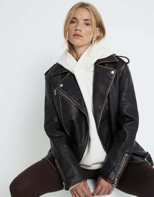 Oversized Biker River Island Womens Leather Biker Jacket River - Main Image