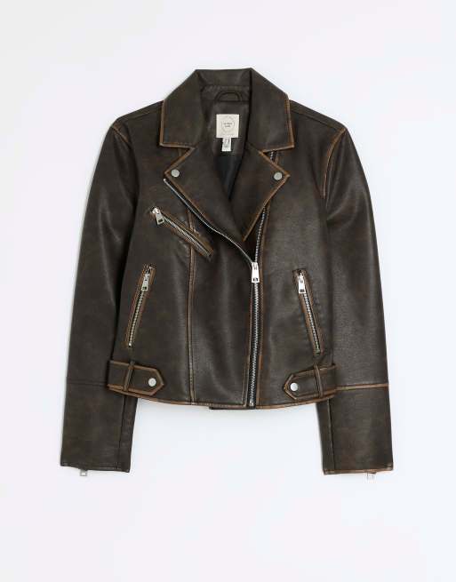 River Island distressed PU biker jacket in brown | ASOS