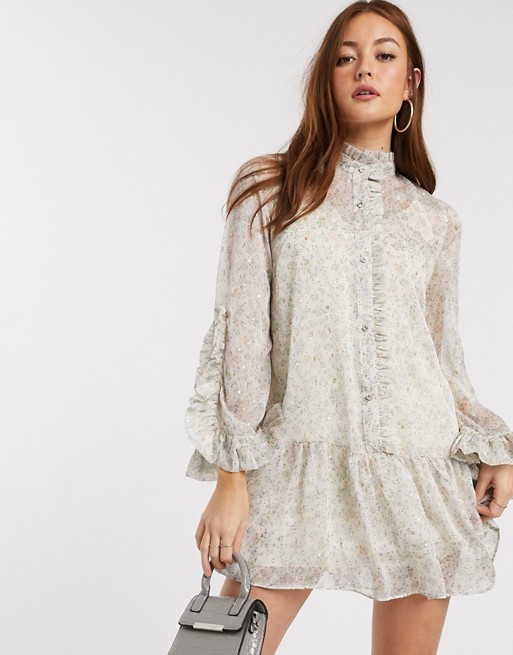 River Island ditsy floral frill smock dress in cream