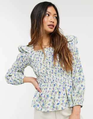 River Island ditsy floral shirred blouse in cream-White