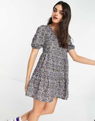 river island asos smock ditsy tiered floral purple mini dress