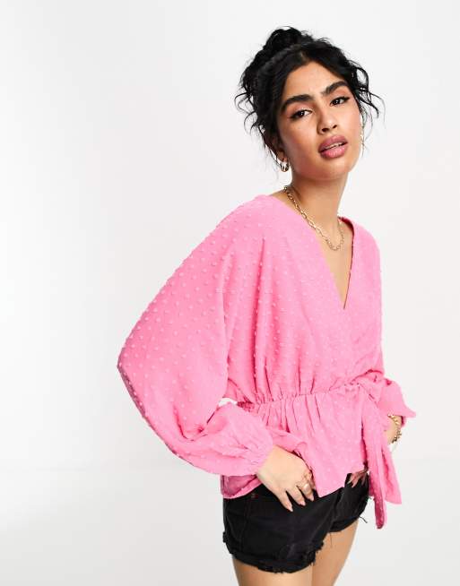 River Island dobby jacquard kimono wrap top in pink | ASOS