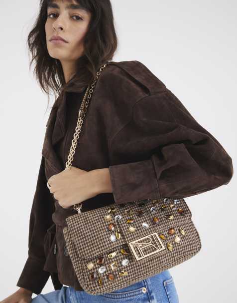 River Island Dogtooth embellished shoulder bag in brown - view 1