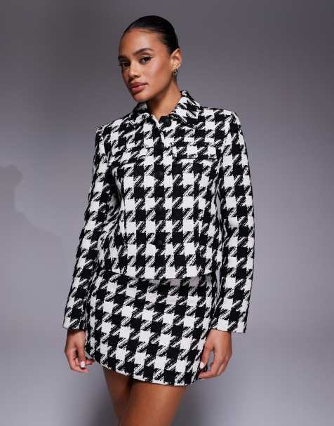 River Island dogtooth two pocket cropped jacket in black 