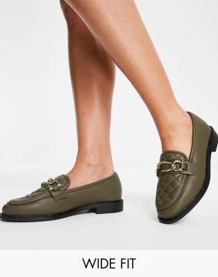River Island - Doorgestikte loafers met ketting en brede pasvorm in olijfgroen