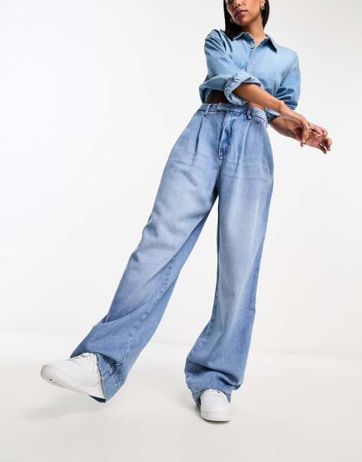 River Island – Dopasowane niebieskie jeansy dad z szerokimi nogawkami