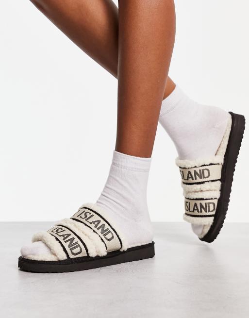 River Island double branded strap slippers in cream ASOS