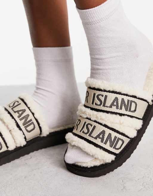 River Island double branded strap slippers in cream ASOS