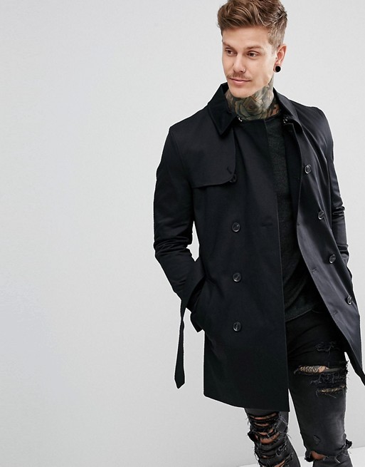 River Island | River Island Double Breasted Belted Trench Coat In Black
