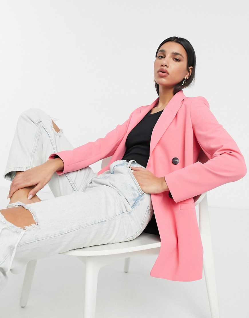 River Island double breasted blazer in blue-Pink