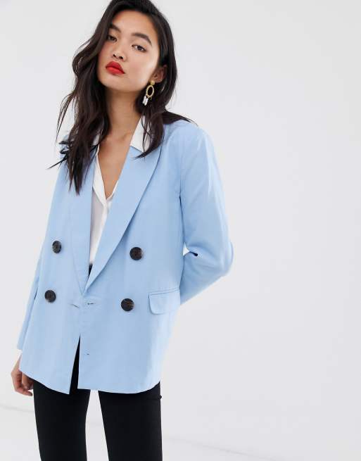 River Island Double Breasted Blazer In Light Blue Asos