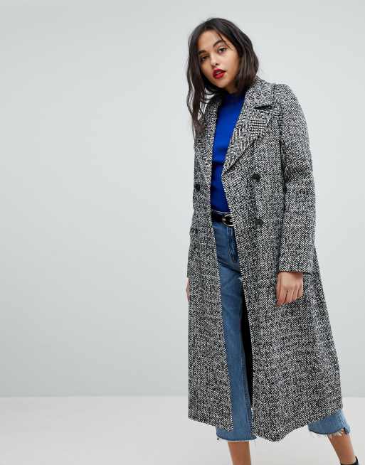 River Island Double Breasted Check Herringbone Coat | ASOS