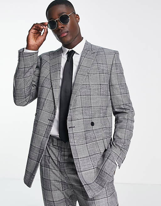 River Island double breasted check suit jacket in grey