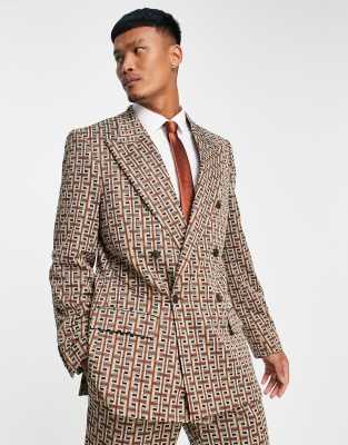 River Island double breasted geo suit jacket in brown - ASOS Price Checker
