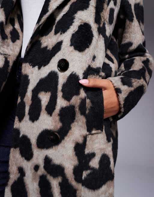 River Island - Double breasted jas met geborstelde luipaardprint in bruin, 4 van 4