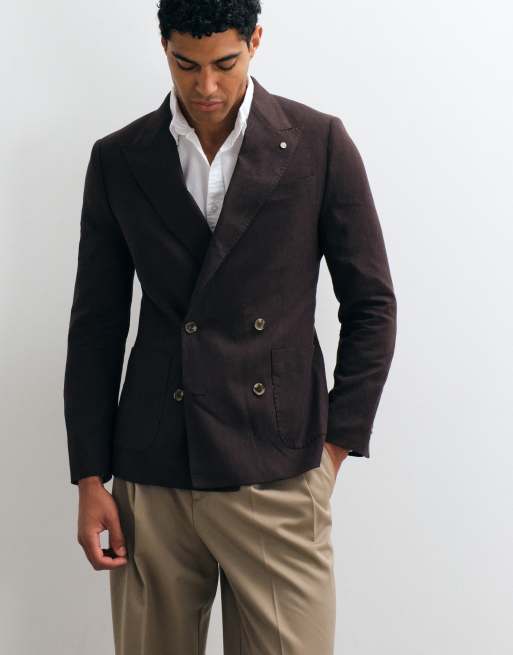 River Island double breasted linen blend suit jacket in brown, 2 of 5