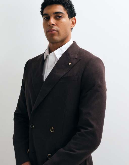 River Island double breasted linen blend suit jacket in brown, 3 of 5