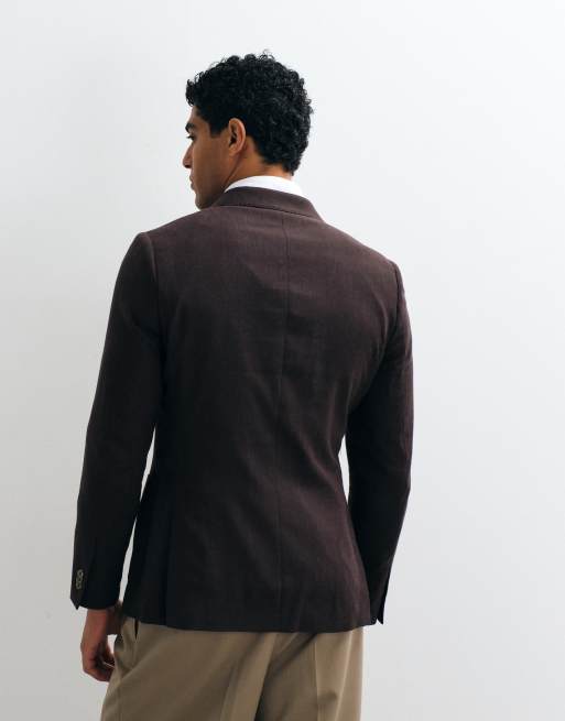 River Island double breasted linen blend suit jacket in brown, 4 of 5