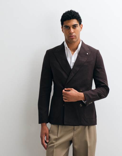 River Island double breasted linen blend suit jacket in brown, 5 of 5