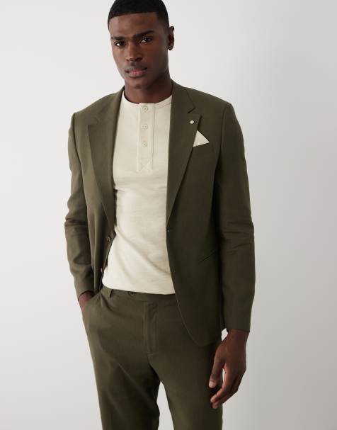 River Island double breasted linen blend suit jacket in khaki - view 1