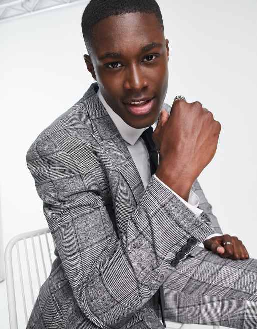 River Island double breasted plaid suit jacket in gray, 3 of 4