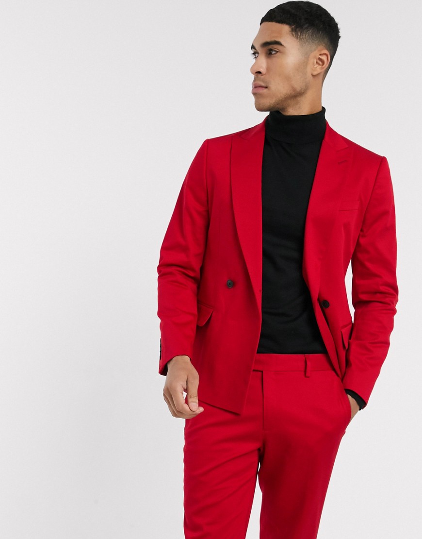 River Island double breasted skinny fit suit jacket in red