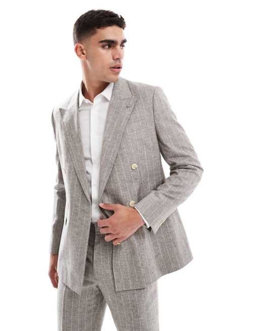 River Island double breasted slim linen suit jacket in grey pinstripe, 2 of 5